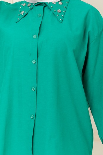 Yaka Boncuk Detaylı Tesettür Gömlek/Yeşil