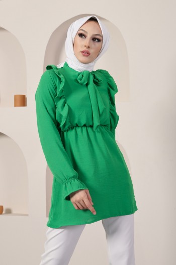 Yaka Kravat Detaylı Beli Lastikli Tesettür Tunik/Yeşil