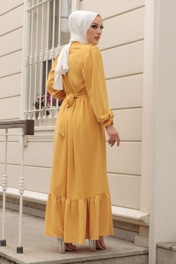 Yaka Bağlamalı Fırfır Detaylı Tesettür Elbise/Sarı