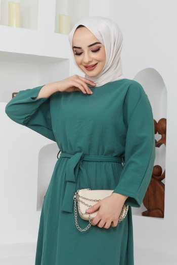 Salaş Ayrobin Krep Tesettür Elbise/Mint