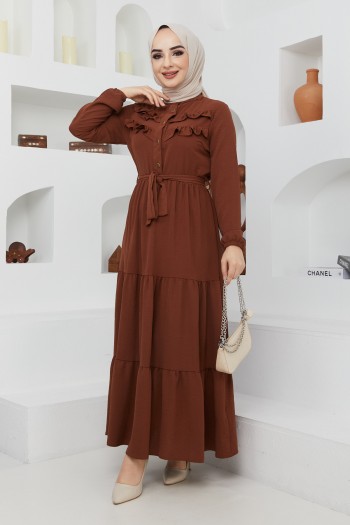 Önü Düğmeli Fırfır Detaylı Ayrobin Tesettür Elbise/Kahverengi