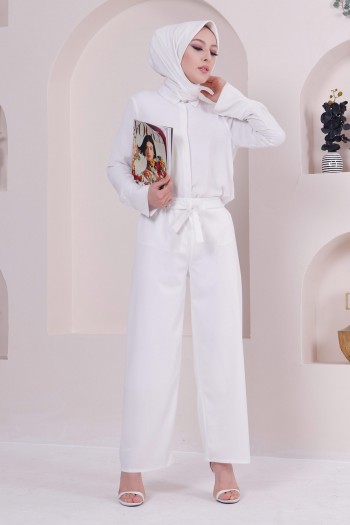 Bağlama Detaylı Geniş Paça Pantolon/Beyaz