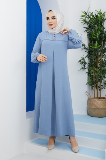 Büyük Beden Pile Detaylı Ayrobin Elbise/Mavi