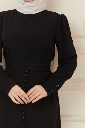 Düğme Detaylı Volanlı Tesettür Elbise/Siyah