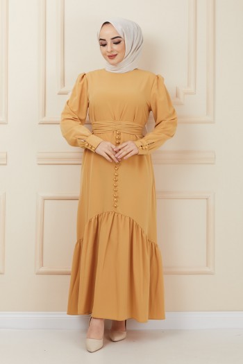Düğme Detaylı Volanlı Tesettür Elbise/Sarı