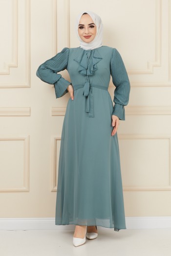 Kolu Piliseli Ön Düğme Detaylı Tesettür Elbise/Mint