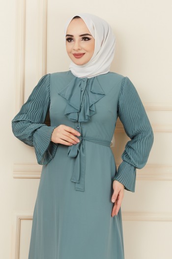 Kolu Piliseli Ön Düğme Detaylı Tesettür Elbise/Mint