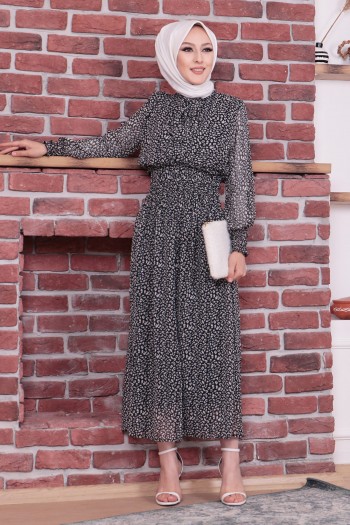 Kravat Detaylı Desenli Tesettür Şifon Elbise/Siyah