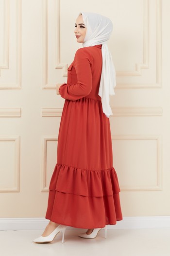 Ön Cep Detaylı Kat Kesim Ayrobin Tesettür Elbise/Kiremit