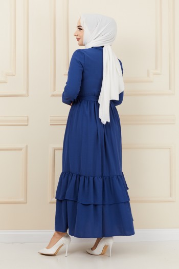 Ön Cep Detaylı Kat Kesim Ayrobin Tesettür Elbise/Lacivert