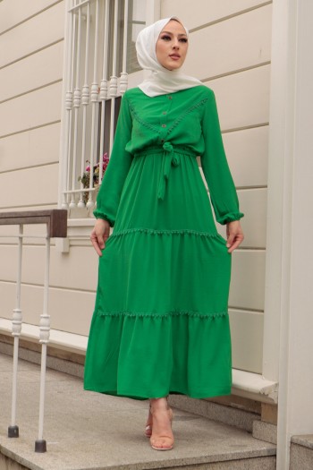Önden Düğmeli Dantel Detaylı Tesettür Elbise/Yeşil