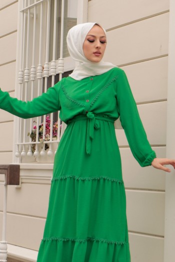 Önden Düğmeli Dantel Detaylı Tesettür Elbise/Yeşil