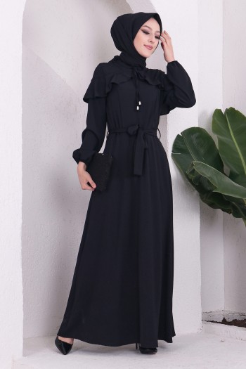 Pelerin Detaylı Ayrobin Tesettür Elbise/Siyah