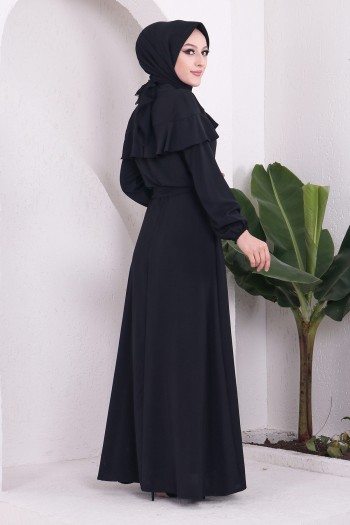 Pelerin Detaylı Ayrobin Tesettür Elbise/Siyah