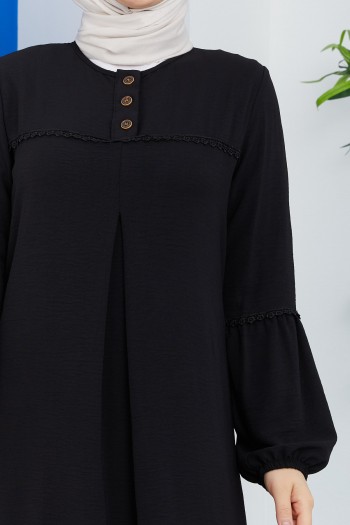Pile Detaylı Ayrobin Tesettür Elbise/Siyah