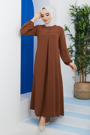 Pile Detaylı Ayrobin Tesettür Elbise/Kahverengi
