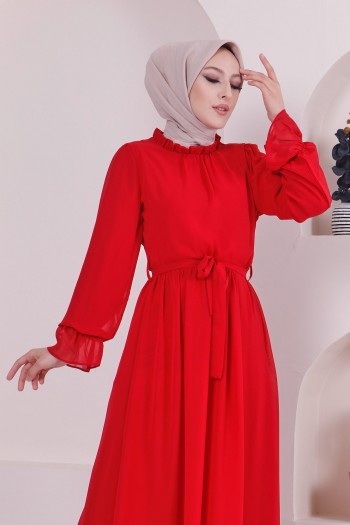 Yaka Fırfır Detaylı Şifon Tesettür Elbise/Kırmızı