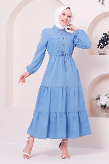 Cep Detaylı Düğmeli Tesettür Kot Elbise/ Mavi