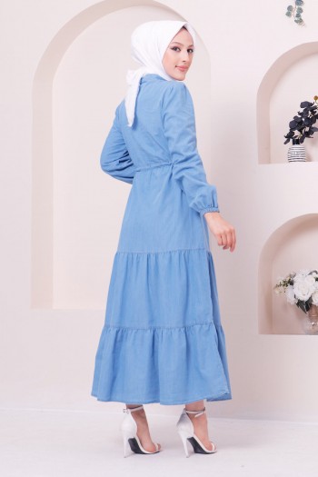 Cep Detaylı Düğmeli Tesettür Kot Elbise/ Mavi