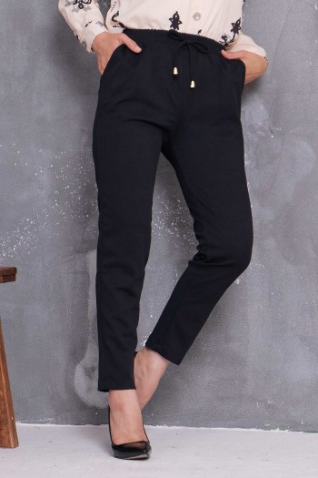 Bağcık Detaylı Cepli Kalem Pantolon/Siyah