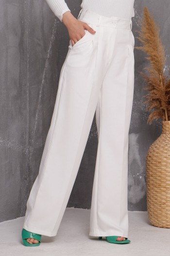 Beli Düğmeli Pile Detaylı Kumaş Pantolon/Beyaz