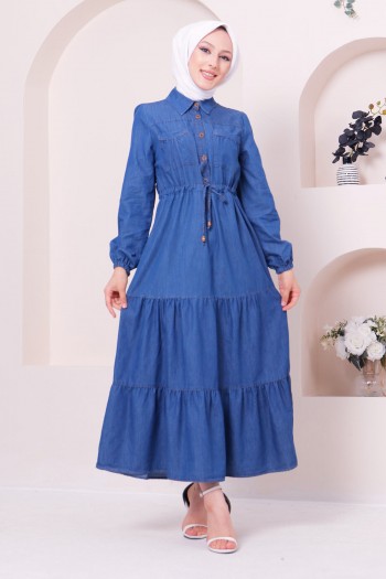 Cep Detaylı Düğmeli Tesettür Kot Elbise/Koyu Mavi