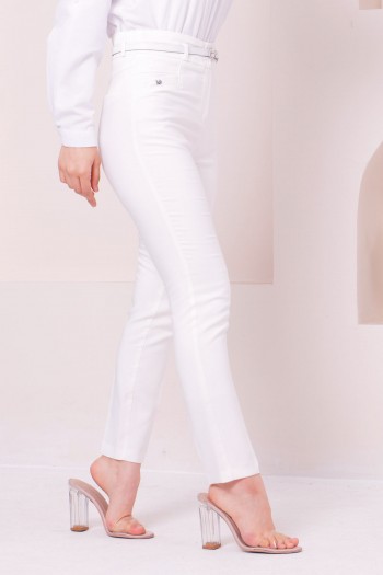 Cep Detaylı Kemerli Kumaş Pantolon/Beyaz
