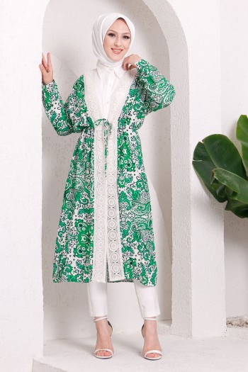 Güpür Detaylı Desenli Tesettür Kimono/Yeşil