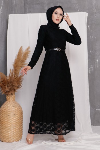 Güpürlü Astarlı Tesettür Elbise/Siyah