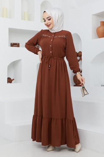 İnci Detaylı Tesettür Ayrobin Elbise/Kahverengi