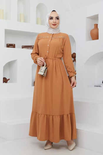 İnci Detaylı Tesettür Ayrobin Elbise/Camel