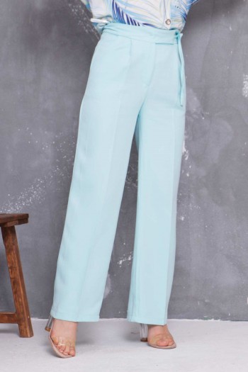 İp Bağlama Detaylı Geniş Paça Kumaş Pantolon/Buz Mavi