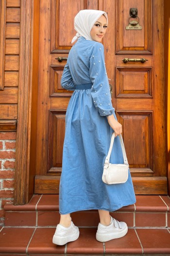 Kolu İnci Detaylı Kot Tesettür Elbise/Mavi