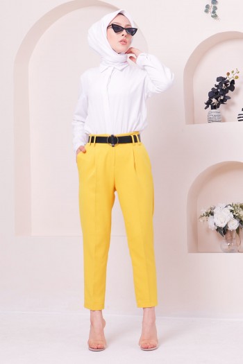 Pile Detaylı Kalem Kumaş Pantolon/Sarı