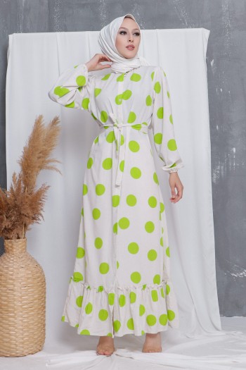 Puantiye Desenli Keten Tesettür Elbise/Yeşil