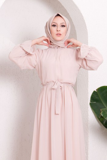 Yaka Fırfır Detaylı Şifon Tesettür Elbise/Bej