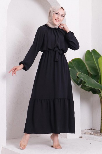 Yaka Fırfırlı Ayrobin Tesettür Elbise/Siyah