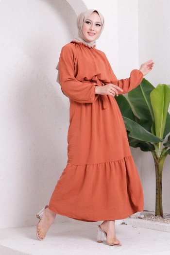 Yaka Fırfırlı Ayrobin Tesettür Elbise/Kiremit