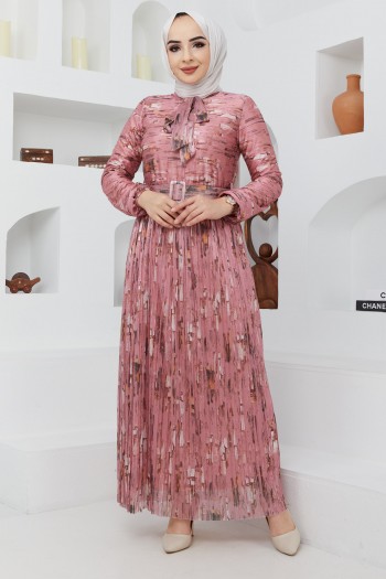 Yaka Kravatlı Tesettür Şifon Elbise/Pudra