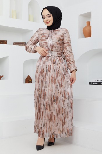 Yaka Kravatlı Tesettür Şifon Elbise/Bej