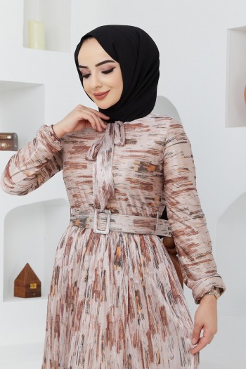 Yaka Kravatlı Tesettür Şifon Elbise/Bej