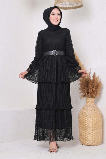 Güpür Detaylı Kat Kesim Tesettür Elbise/Siyah