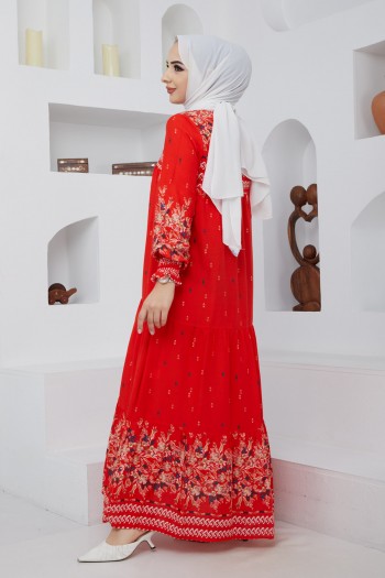 Yaka Bağlama Detaylı Tesettür Viscon Elbise/Kırmızı