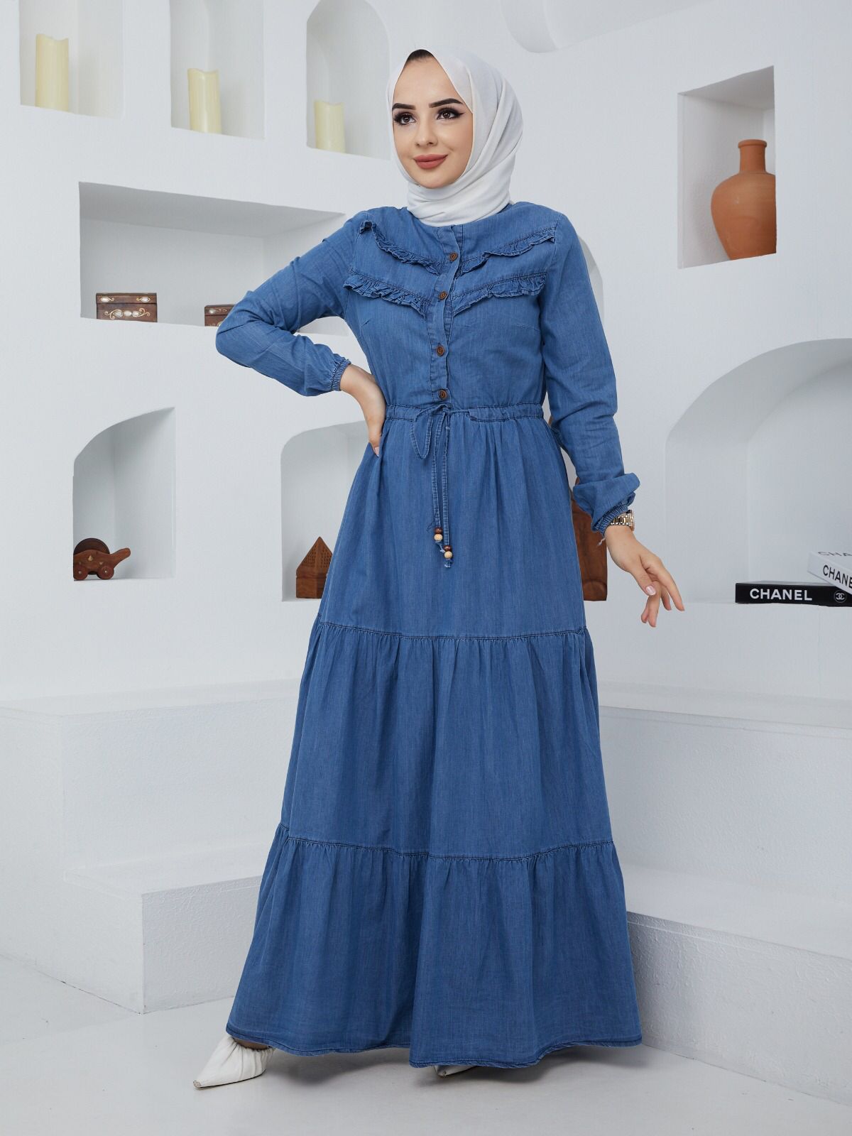 Belden Büzgülü Tesettür Kot Elbise/Acık Mavi