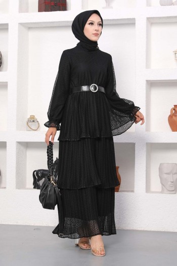 Bileği Büzgülü Kat Detaylı Tesettür Elbise/Siyah