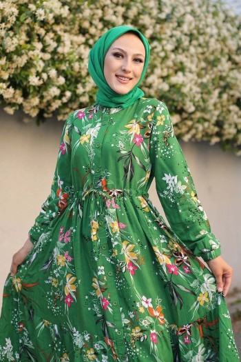 Çiçek Desenli Doğal Kumaş Elbise/Yeşil