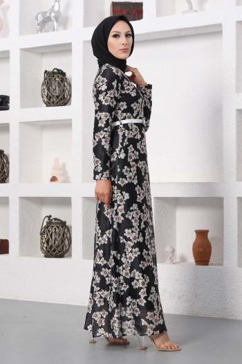 Çiçek Desenli Kemerli Tesettür Elbise/Siyah