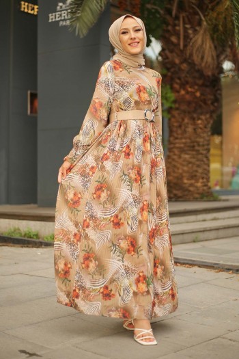Çiçek Desenli Piliseli Tesettür Şifon Elbise/Taba