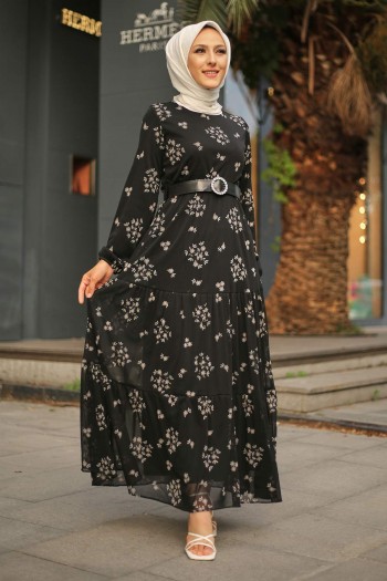 Çiçek Desenli Tesettür Şifon Elbise/Siyah