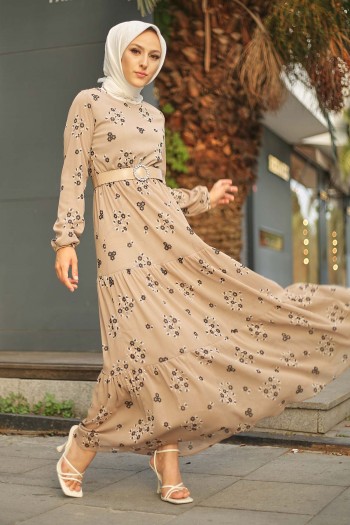 Çiçek Desenli Tesettür Şifon Elbise/Vizon